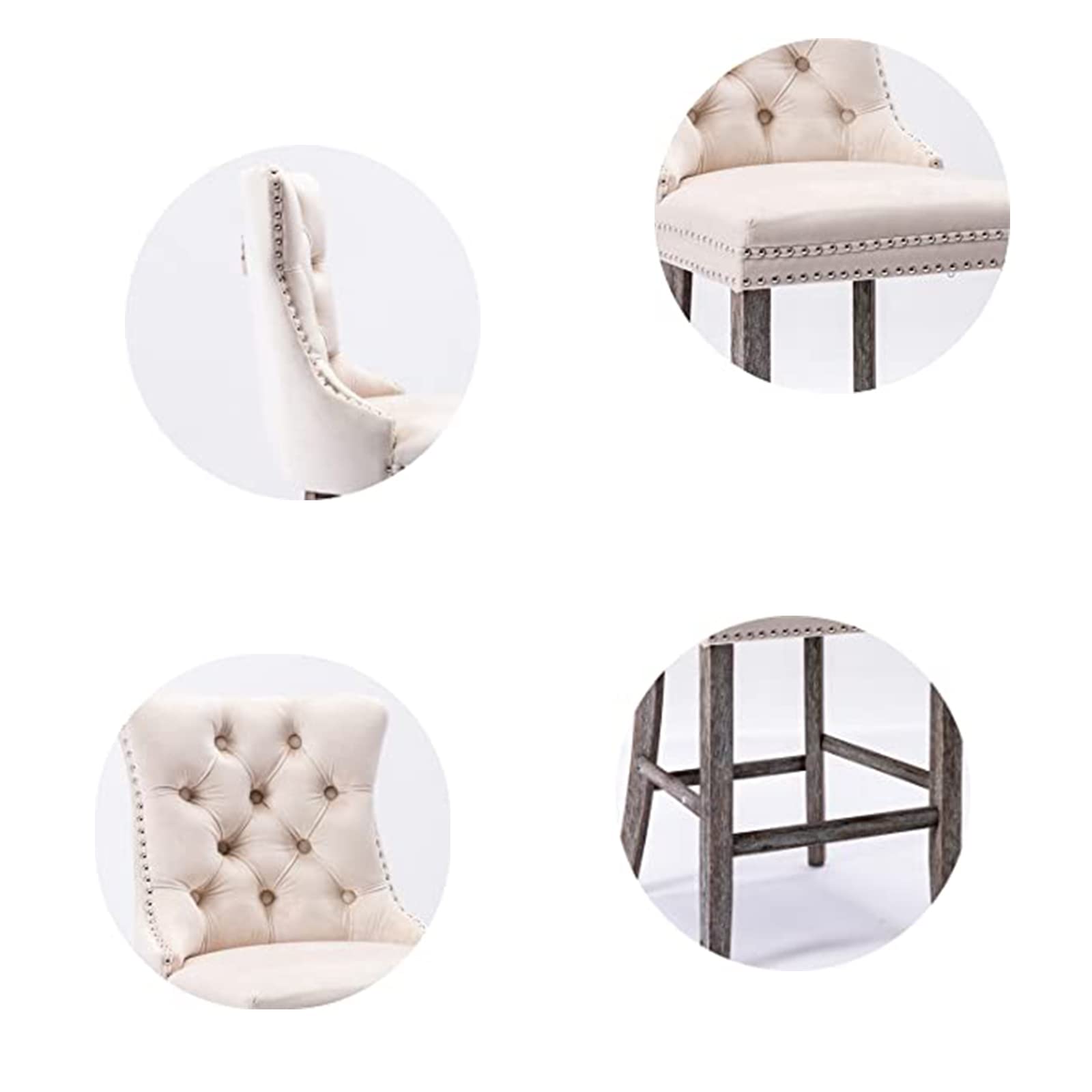 2X Velvet Beige Bar Stools with Studs Trim Wooden Legs Tufted Dining Chairs Kitchen