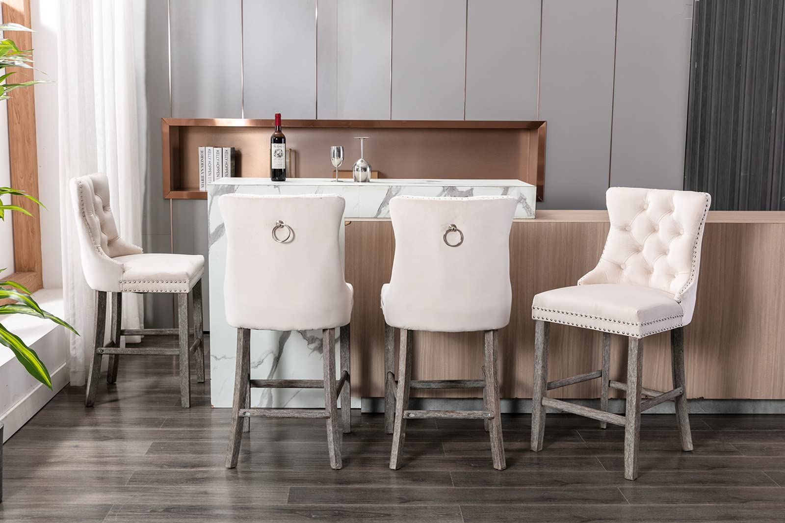2X Velvet Beige Bar Stools with Studs Trim Wooden Legs Tufted Dining Chairs Kitchen