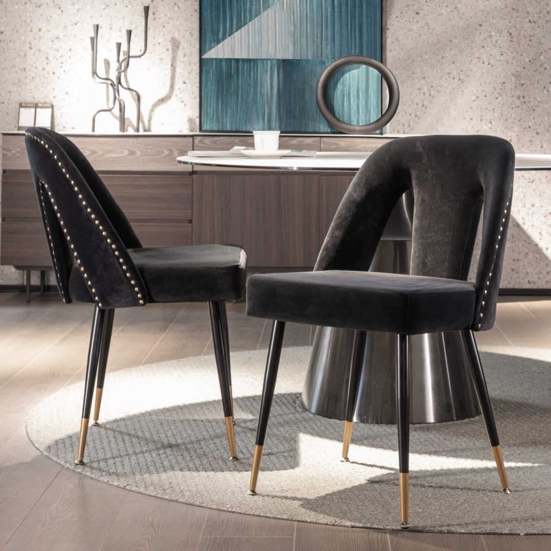 Mano 2x Velvet Dining chairs with Metal Legs-Black