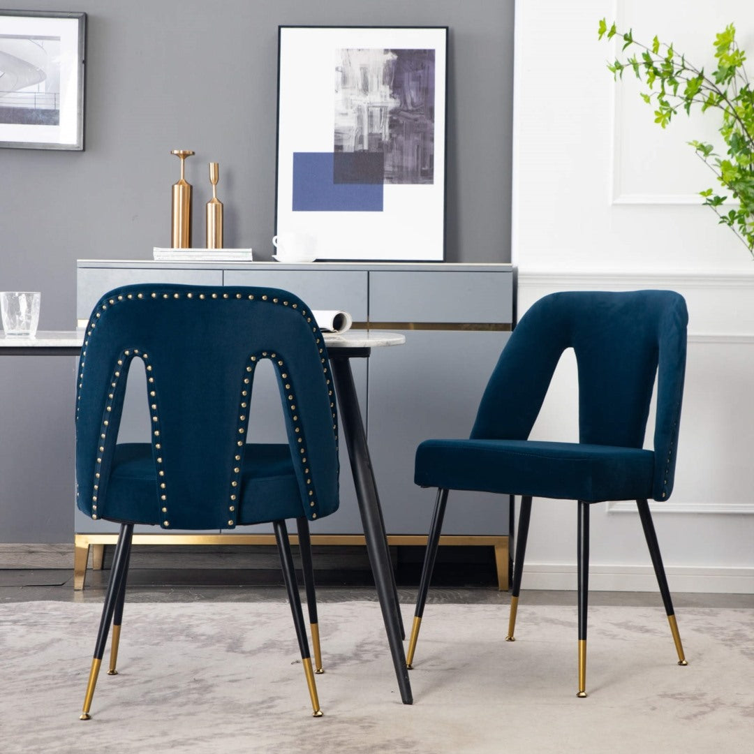 Mano 2x Velvet Dining chairs with Metal Legs-Blue
