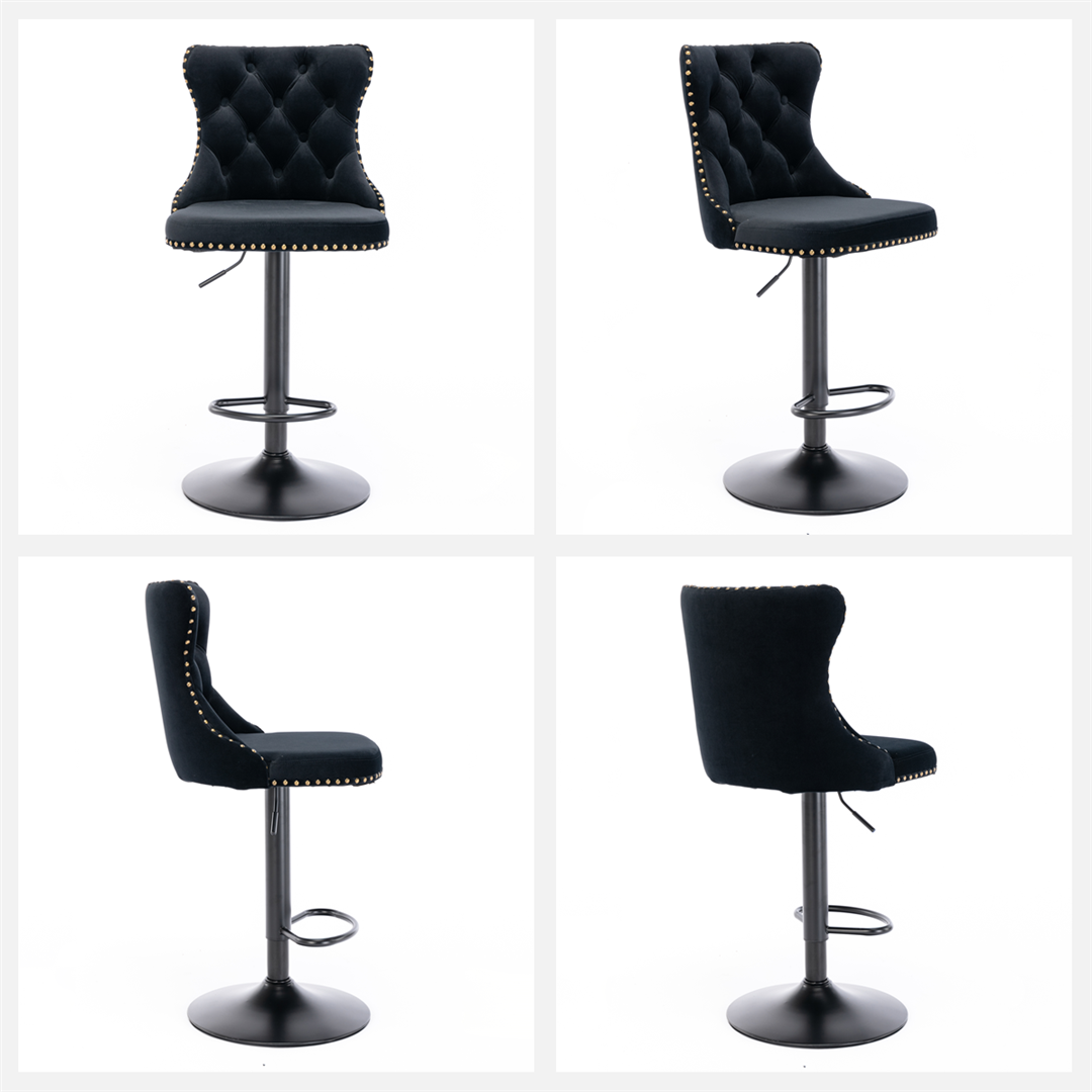 2x Height Adjustable Swivel Black Bar Stool Velvet Nailhead Barstool with Footrest