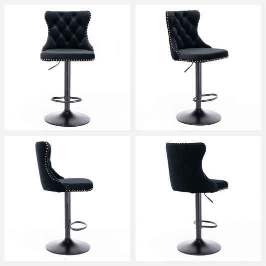 2x Height Adjustable Swivel Black Bar Stool Velvet Nailhead Barstool with Footrest