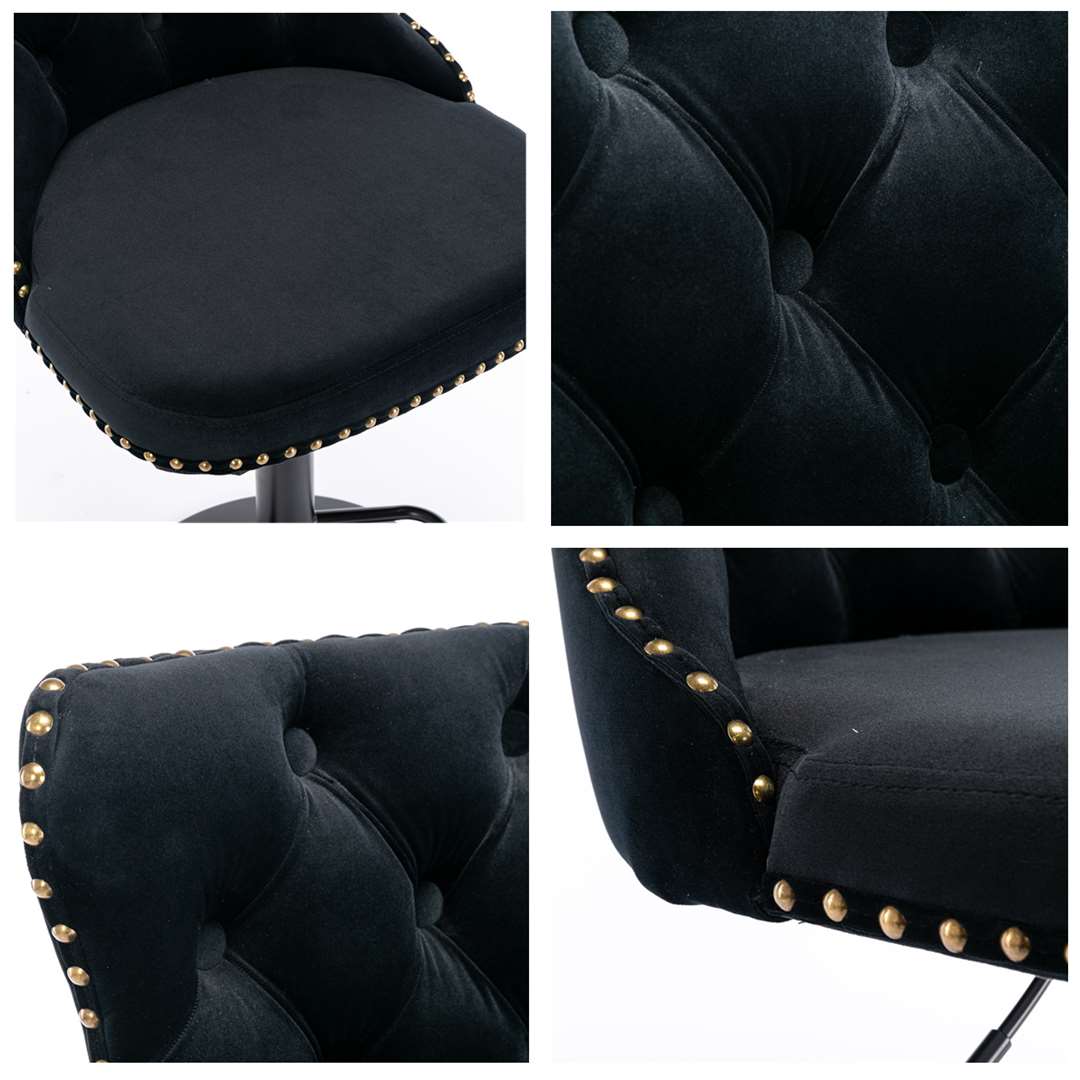 2x Height Adjustable Swivel Black Bar Stool Velvet Nailhead Barstool with Footrest