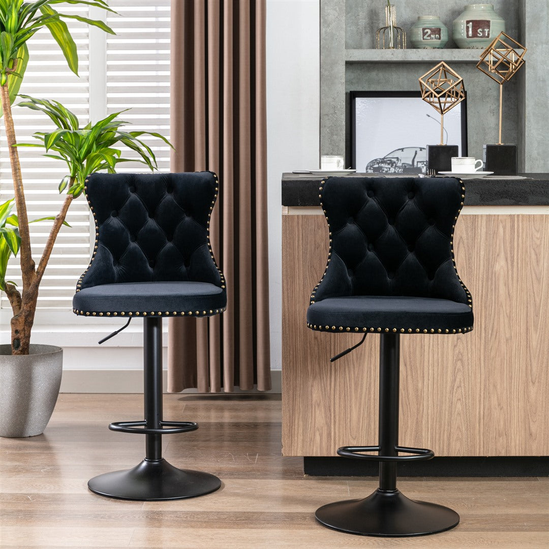 2x Height Adjustable Swivel Black Bar Stool Velvet Nailhead Barstool with Footrest