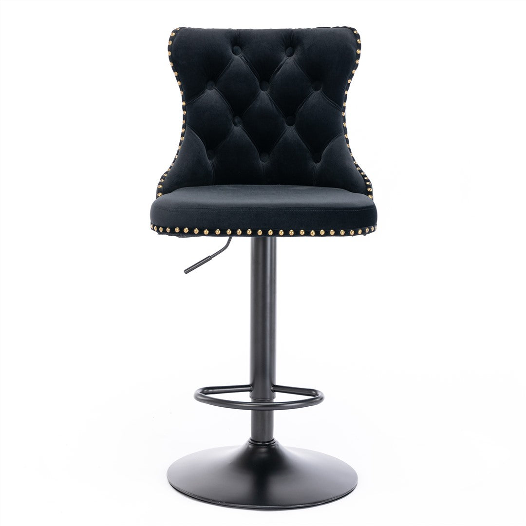 2x Height Adjustable Swivel Black Bar Stool Velvet Nailhead Barstool with Footrest
