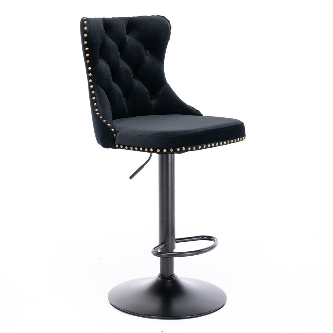 2x Height Adjustable Swivel Black Bar Stool Velvet Nailhead Barstool with Footrest