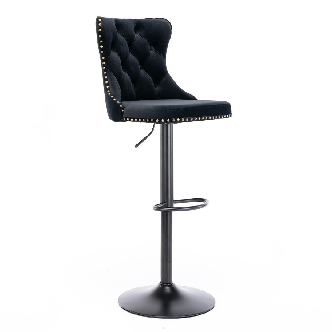 2x Height Adjustable Swivel Black Bar Stool Velvet Nailhead Barstool with Footrest
