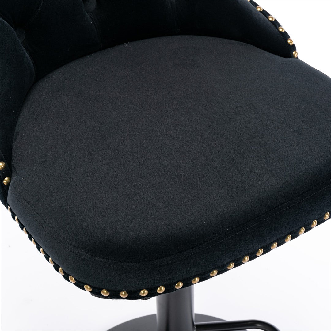 2x Height Adjustable Swivel Black Bar Stool Velvet Nailhead Barstool with Footrest