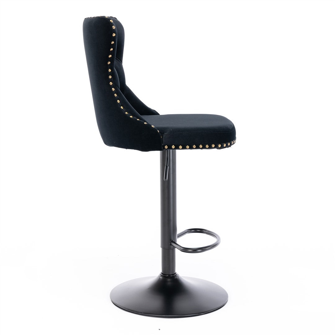 2x Height Adjustable Swivel Black Bar Stool Velvet Nailhead Barstool with Footrest