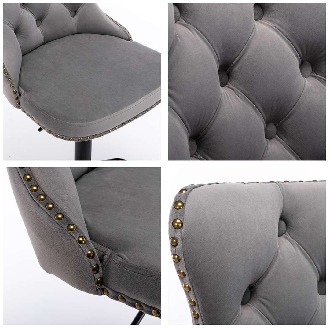 2x Height Adjustable Swivel Gray Bar Stool Velvet Nailhead Barstool with Footrest