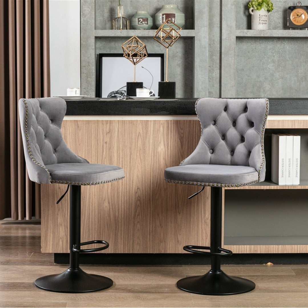2x Height Adjustable Swivel Gray Bar Stool Velvet Nailhead Barstool with Footrest