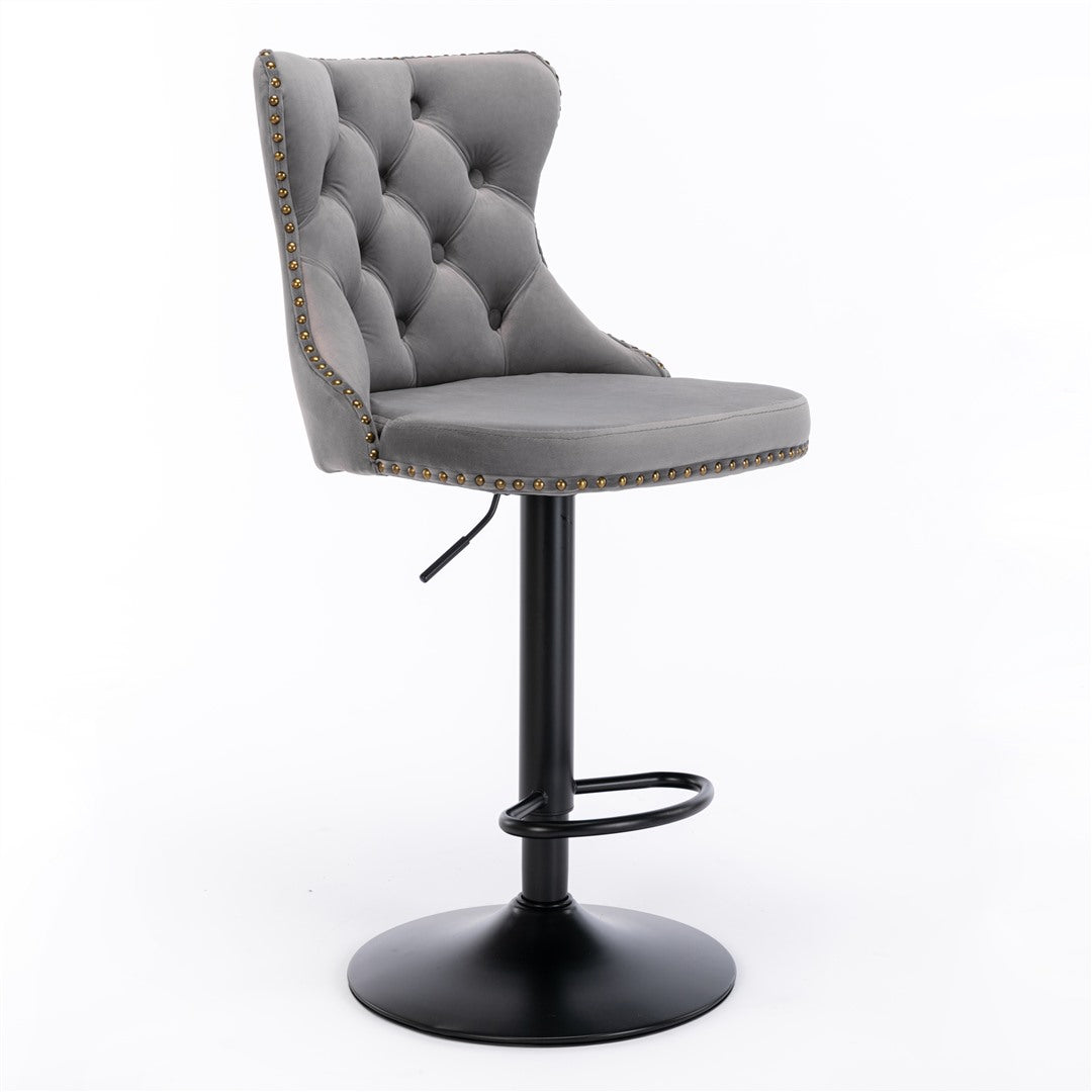 2x Height Adjustable Swivel Gray Bar Stool Velvet Nailhead Barstool with Footrest