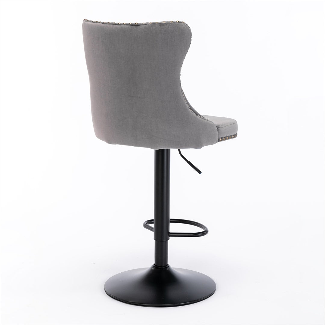2x Height Adjustable Swivel Gray Bar Stool Velvet Nailhead Barstool with Footrest