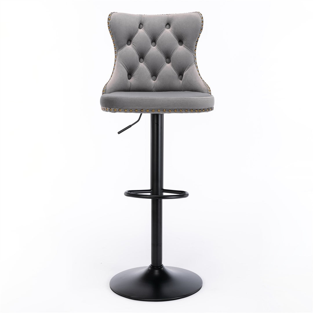 2x Height Adjustable Swivel Gray Bar Stool Velvet Nailhead Barstool with Footrest
