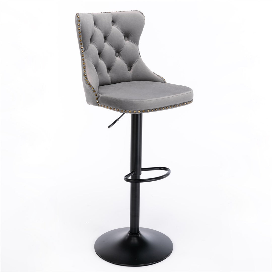 2x Height Adjustable Swivel Gray Bar Stool Velvet Nailhead Barstool with Footrest