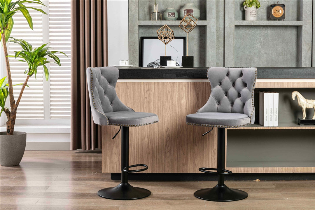 2x Height Adjustable Swivel Gray Bar Stool Velvet Nailhead Barstool with Footrest