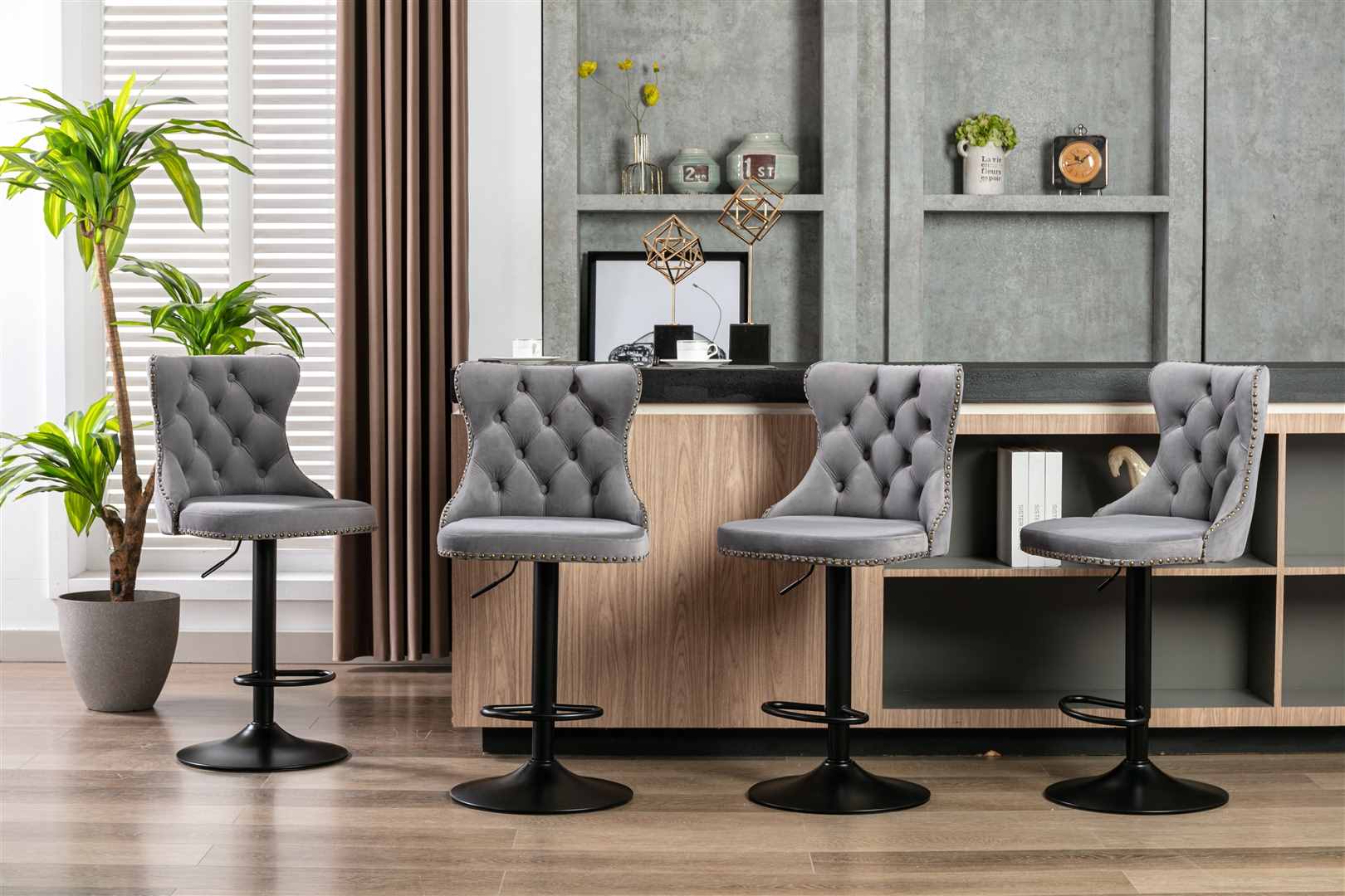2x Height Adjustable Swivel Gray Bar Stool Velvet Nailhead Barstool with Footrest
