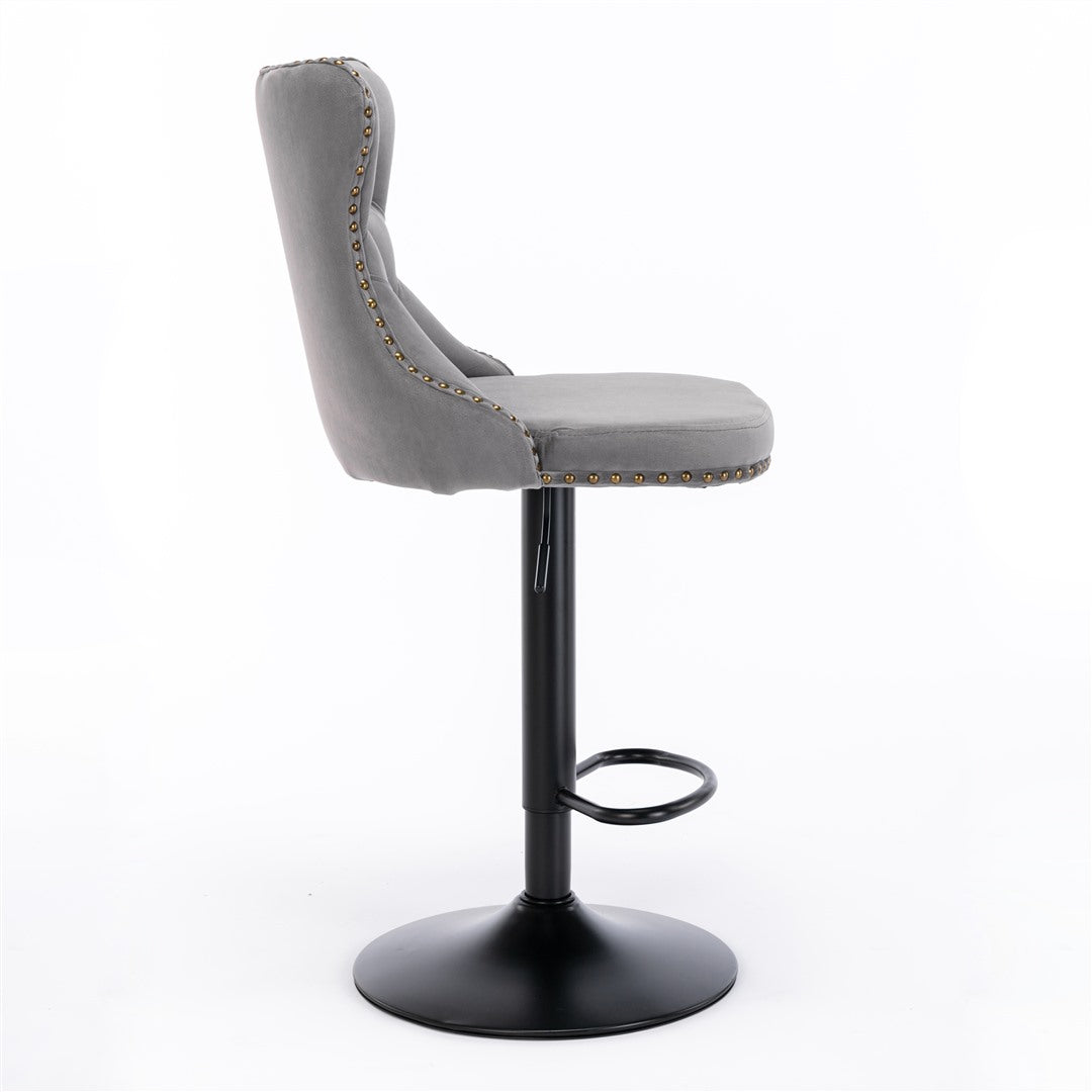 2x Height Adjustable Swivel Gray Bar Stool Velvet Nailhead Barstool with Footrest