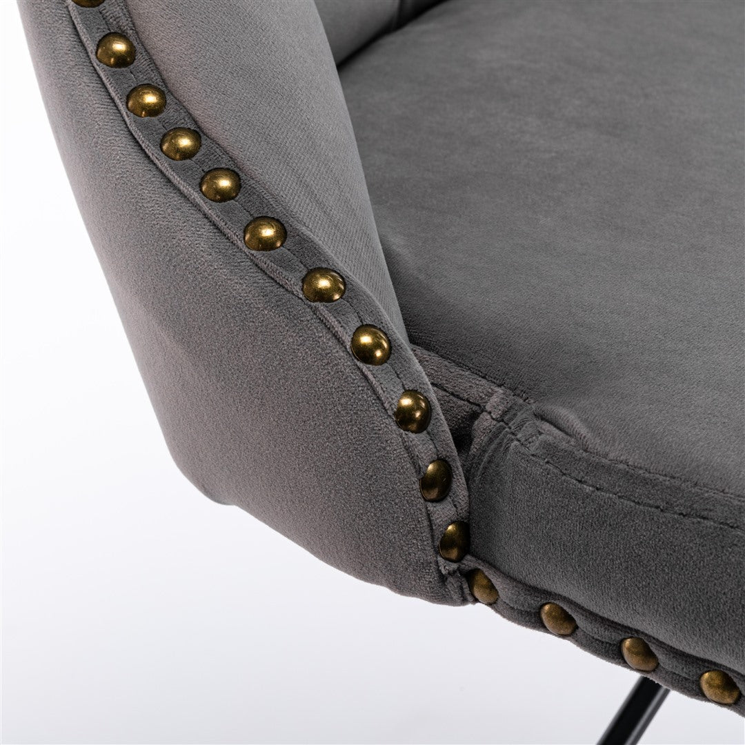 2x Height Adjustable Swivel Gray Bar Stool Velvet Nailhead Barstool with Footrest