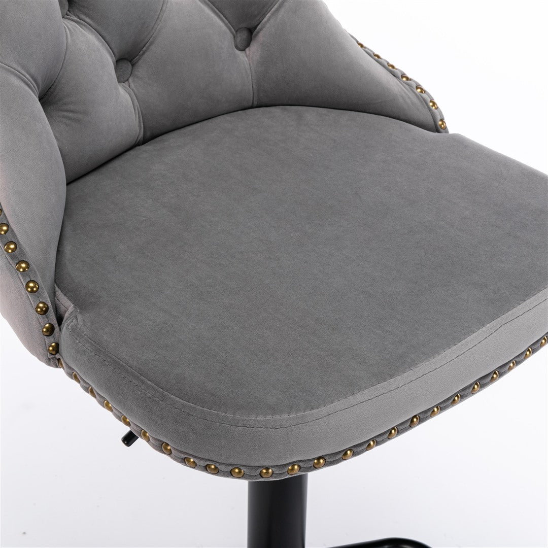 2x Height Adjustable Swivel Gray Bar Stool Velvet Nailhead Barstool with Footrest