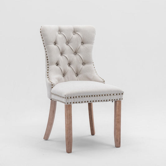 Mano Modern Elegant Button-Tufted Upholstered Linen Fabric with Studs Trim and Wooden legs Dining Side Chair-Beige