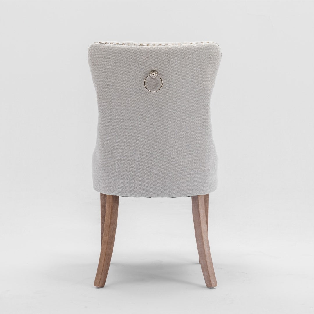 Mano Modern Elegant Button-Tufted Upholstered Linen Fabric with Studs Trim and Wooden legs Dining Side Chair-Beige