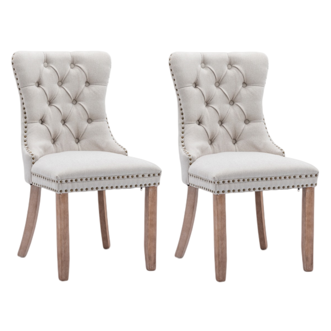 Mano Modern Elegant Button-Tufted Upholstered Linen Fabric with Studs Trim and Wooden legs Dining Side Chair-Beige