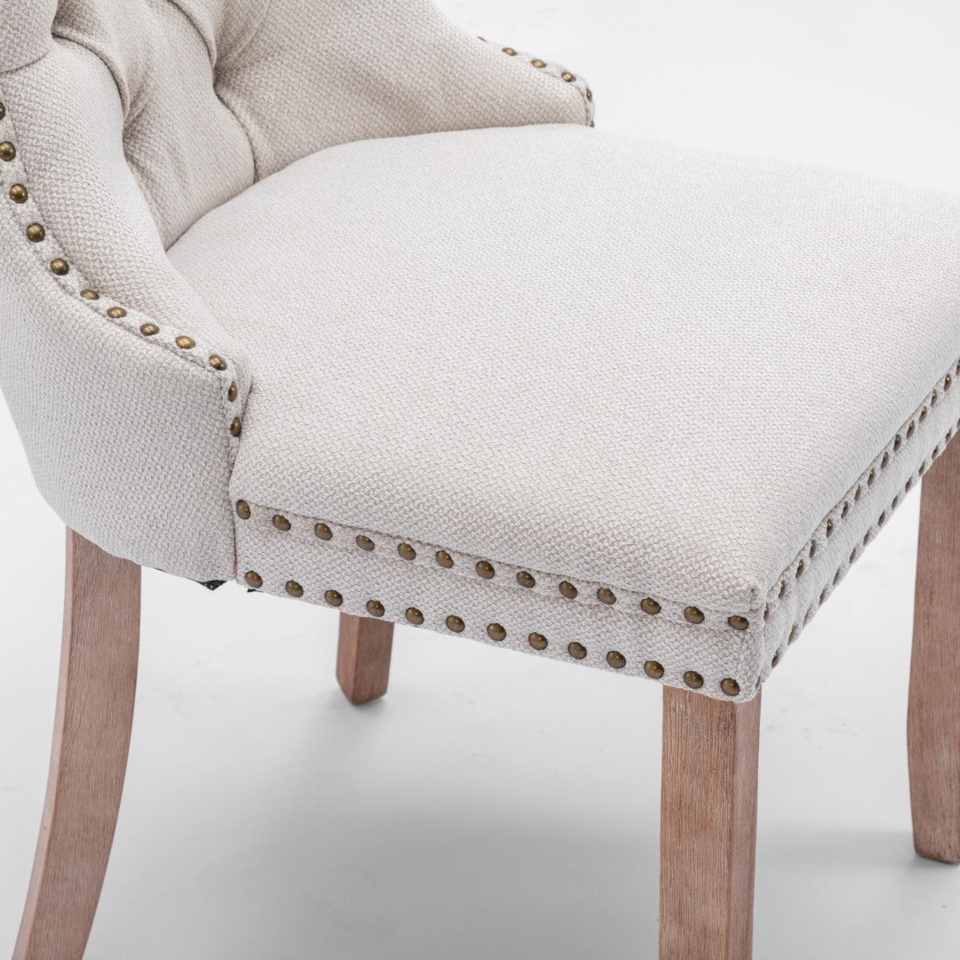 Mano Modern Elegant Button-Tufted Upholstered Linen Fabric with Studs Trim and Wooden legs Dining Side Chair-Beige