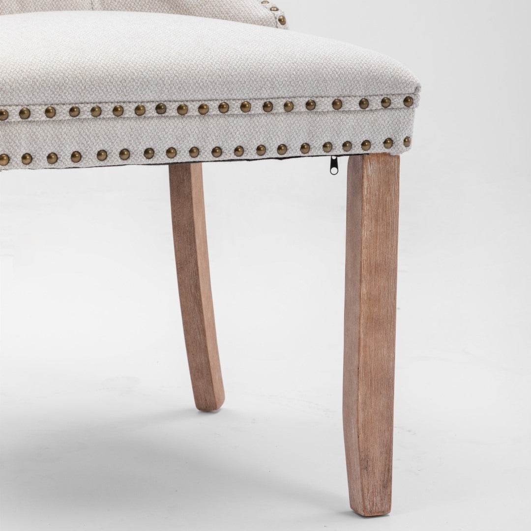 Mano Modern Elegant Button-Tufted Upholstered Linen Fabric with Studs Trim and Wooden legs Dining Side Chair-Beige