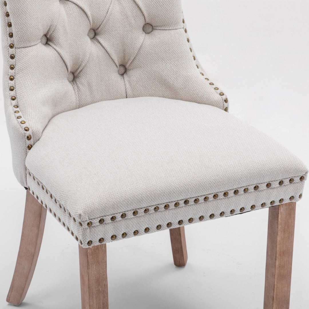 Mano Modern Elegant Button-Tufted Upholstered Linen Fabric with Studs Trim and Wooden legs Dining Side Chair-Beige