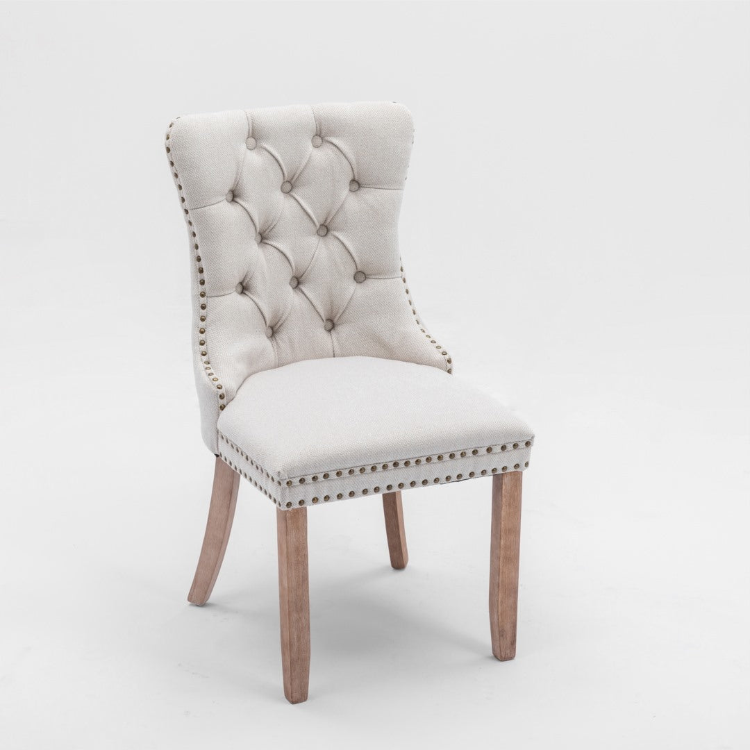 Mano Modern Elegant Button-Tufted Upholstered Linen Fabric with Studs Trim and Wooden legs Dining Side Chair-Beige