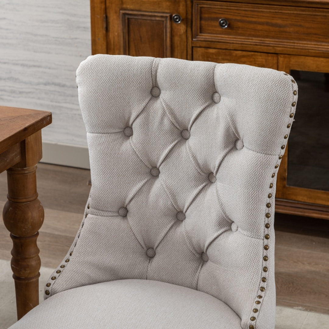 Mano Modern Elegant Button-Tufted Upholstered Linen Fabric with Studs Trim and Wooden legs Dining Side Chair-Beige