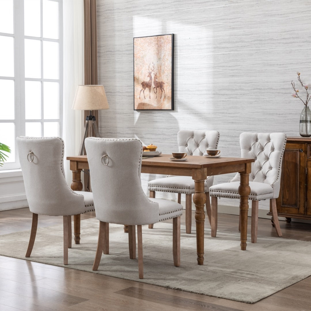 Mano Modern Elegant Button-Tufted Upholstered Linen Fabric with Studs Trim and Wooden legs Dining Side Chair-Beige