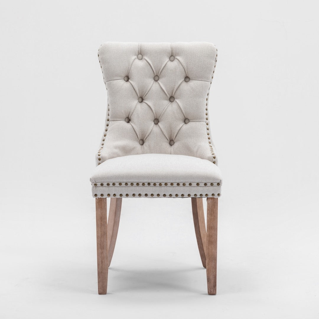 Mano Modern Elegant Button-Tufted Upholstered Linen Fabric with Studs Trim and Wooden legs Dining Side Chair-Beige
