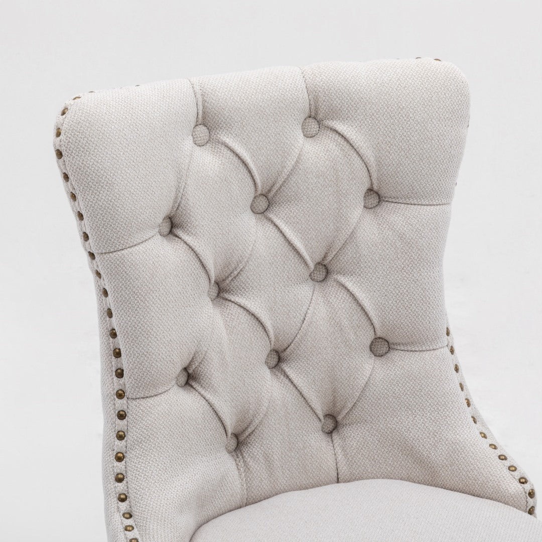 Mano Modern Elegant Button-Tufted Upholstered Linen Fabric with Studs Trim and Wooden legs Dining Side Chair-Beige