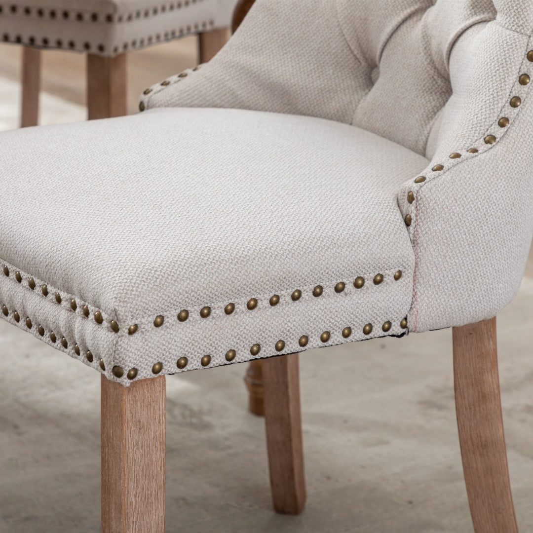 Mano Modern Elegant Button-Tufted Upholstered Linen Fabric with Studs Trim and Wooden legs Dining Side Chair-Beige