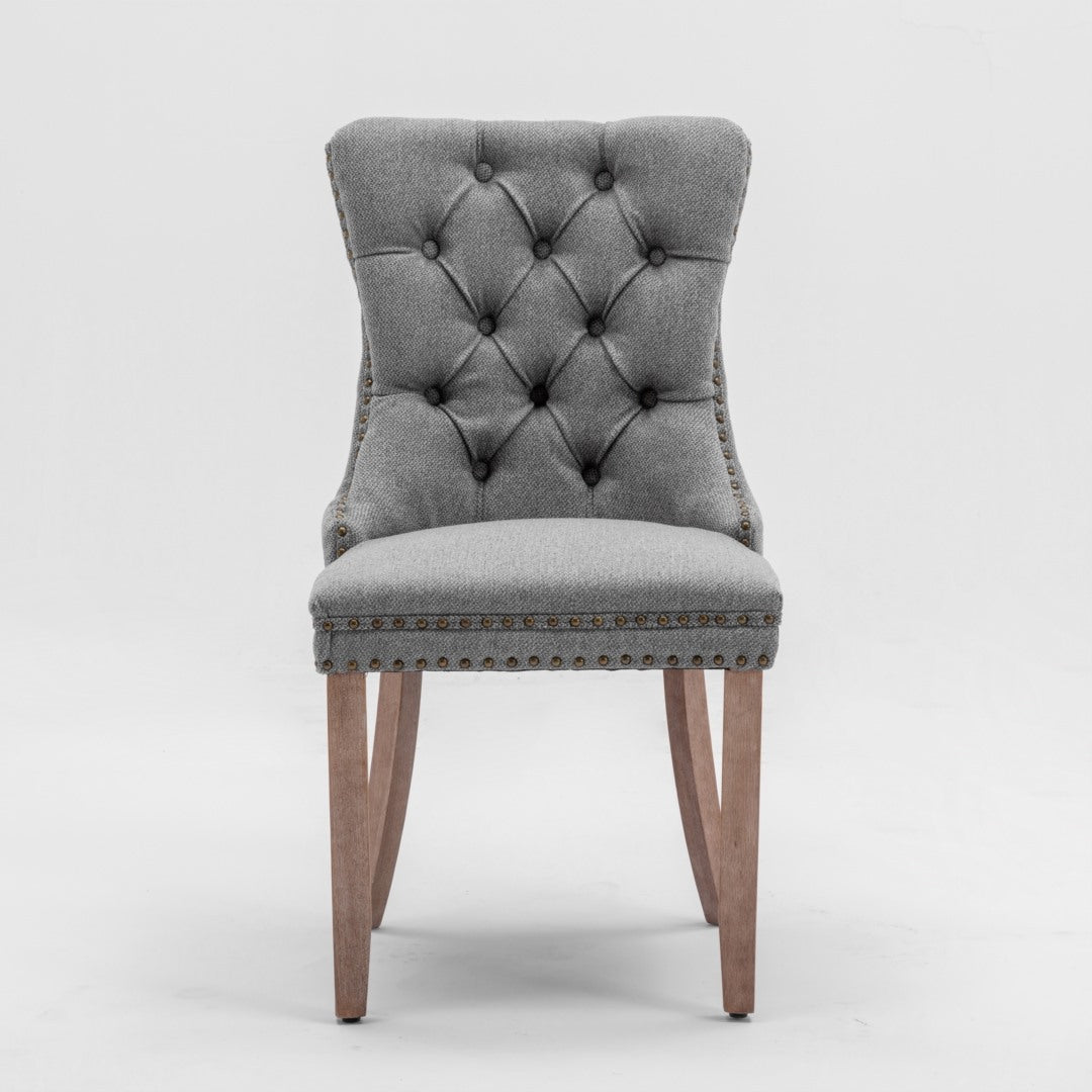 Mano Modern Elegant Button-Tufted Upholstered Linen Fabric with Studs Trim and Wooden legs Dining Side Chair-Gray