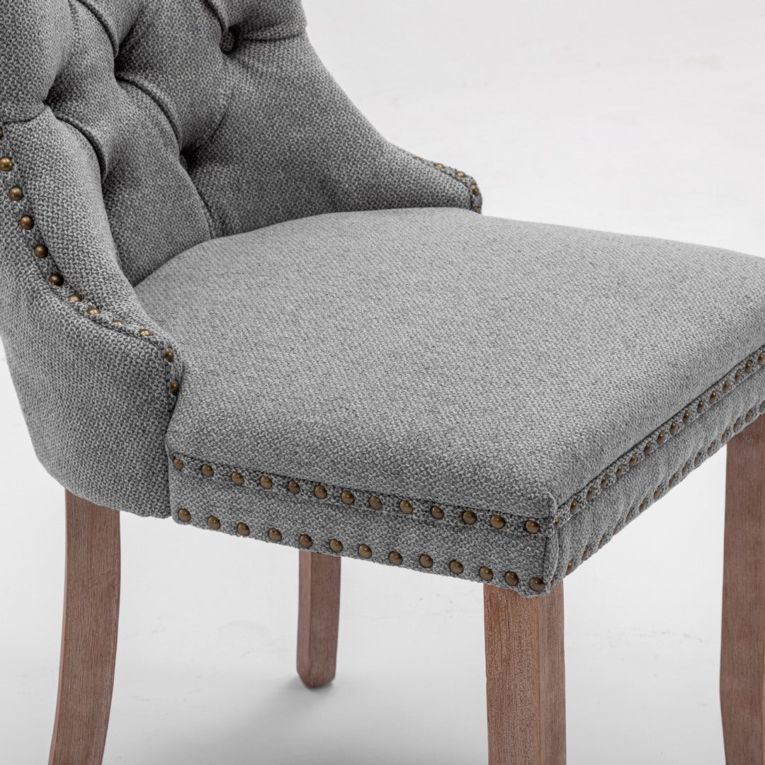 Mano Modern Elegant Button-Tufted Upholstered Linen Fabric with Studs Trim and Wooden legs Dining Side Chair-Gray