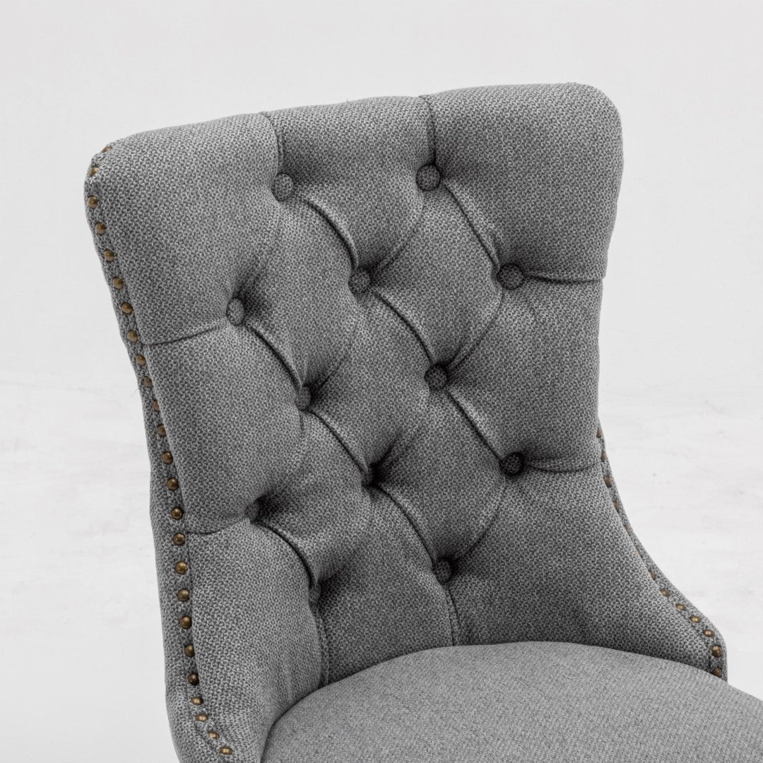 Mano Modern Elegant Button-Tufted Upholstered Linen Fabric with Studs Trim and Wooden legs Dining Side Chair-Gray