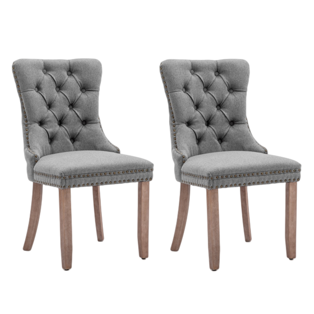 Mano Modern Elegant Button-Tufted Upholstered Linen Fabric with Studs Trim and Wooden legs Dining Side Chair-Gray