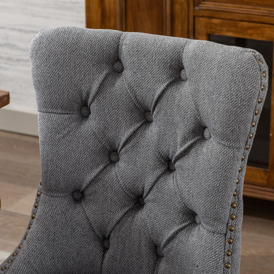 Mano Modern Elegant Button-Tufted Upholstered Linen Fabric with Studs Trim and Wooden legs Dining Side Chair-Gray