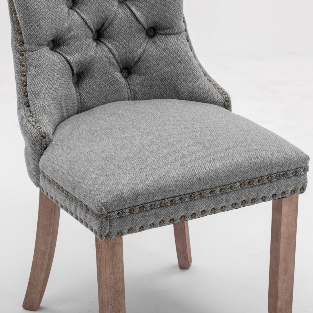 Mano Modern Elegant Button-Tufted Upholstered Linen Fabric with Studs Trim and Wooden legs Dining Side Chair-Gray