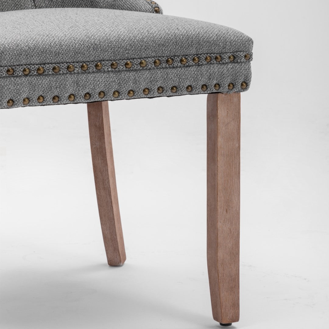 Mano Modern Elegant Button-Tufted Upholstered Linen Fabric with Studs Trim and Wooden legs Dining Side Chair-Gray