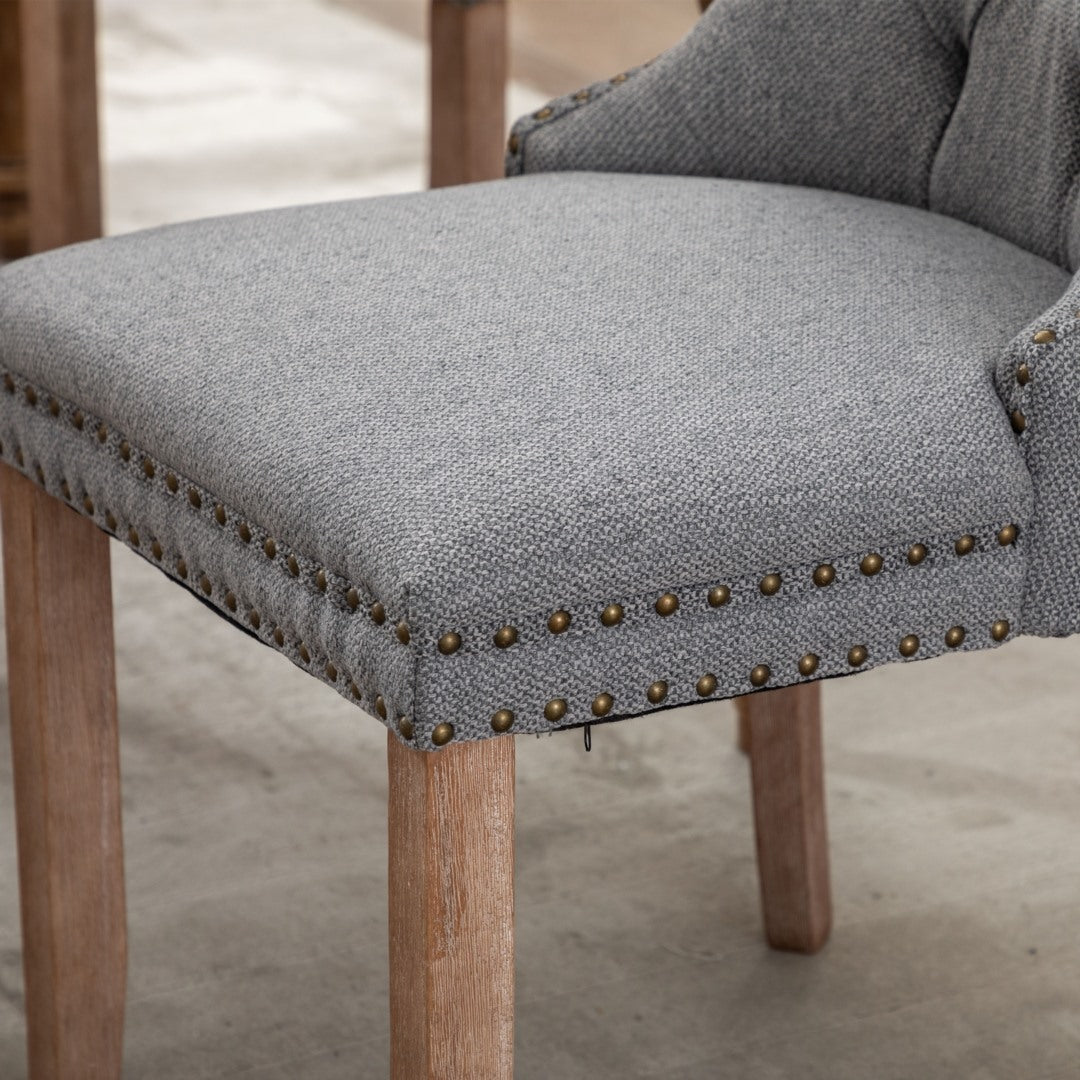 Mano Modern Elegant Button-Tufted Upholstered Linen Fabric with Studs Trim and Wooden legs Dining Side Chair-Gray