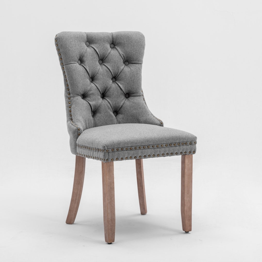 Mano Modern Elegant Button-Tufted Upholstered Linen Fabric with Studs Trim and Wooden legs Dining Side Chair-Gray