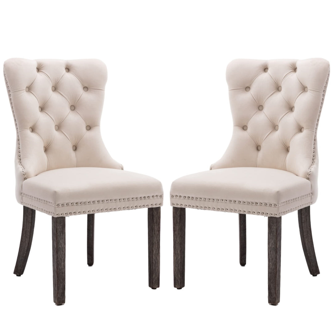 2x Velvet Dining Chairs Upholstered Tufted Kithcen Chair with Solid Wood Legs Stud Trim and Ring-Beige