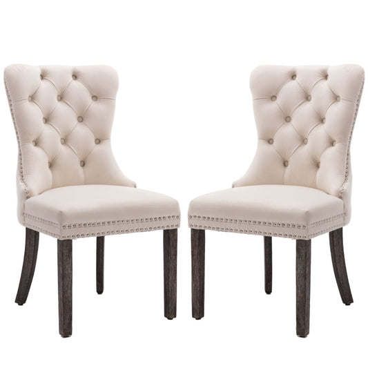 2x Velvet Dining Chairs Upholstered Tufted Kithcen Chair with Solid Wood Legs Stud Trim and Ring-Beige