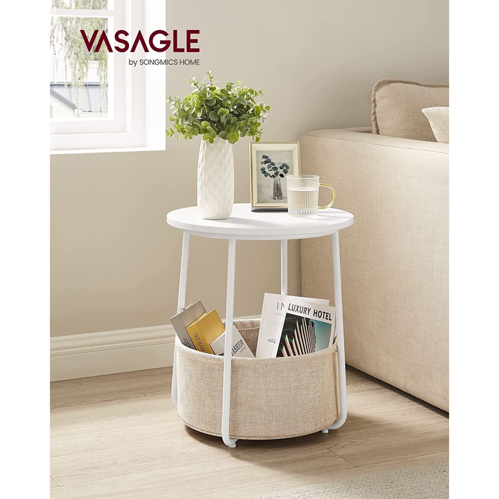 VASAGLE Small Round Side End Table with Fabric Basket White and Beige