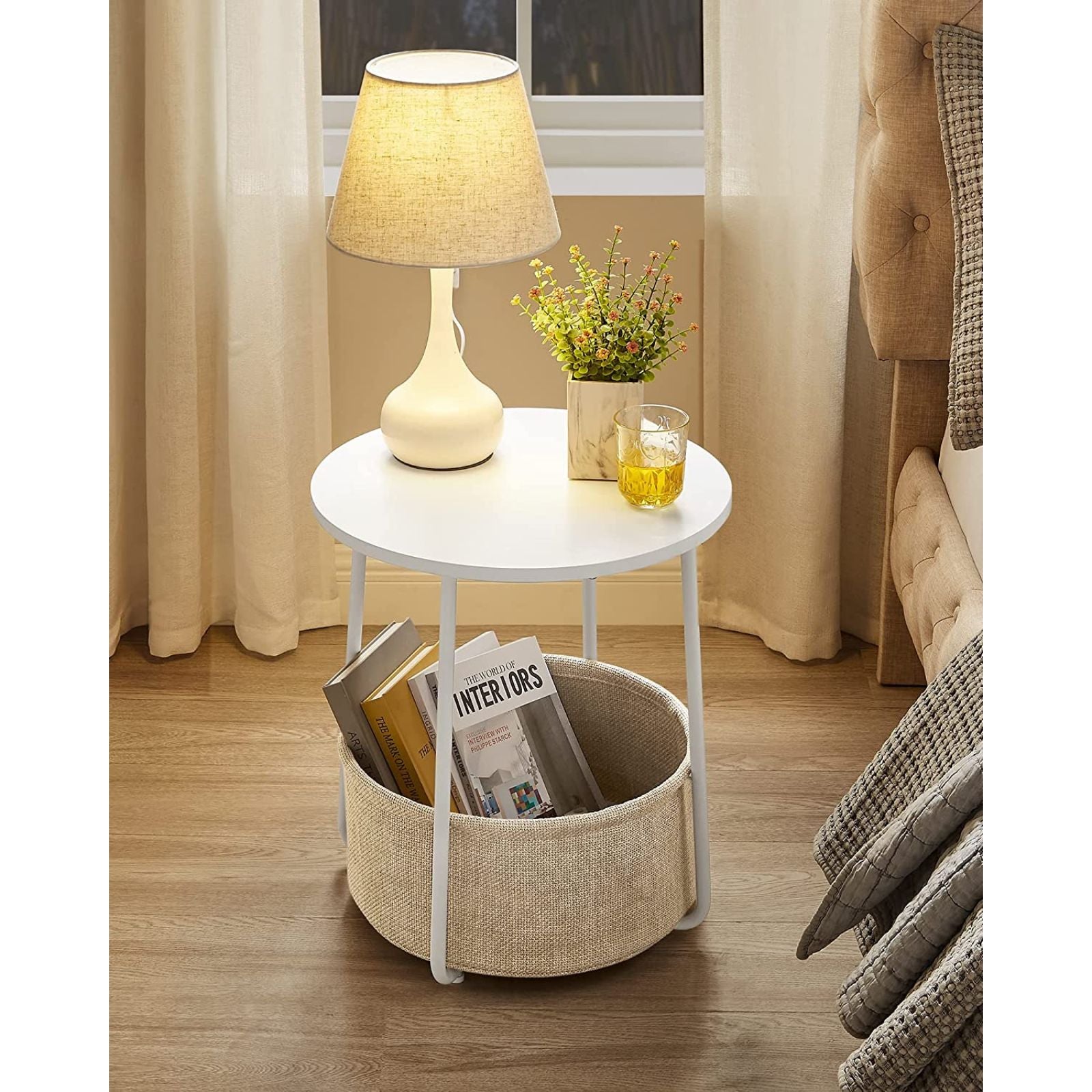 VASAGLE Small Round Side End Table with Fabric Basket White and Beige