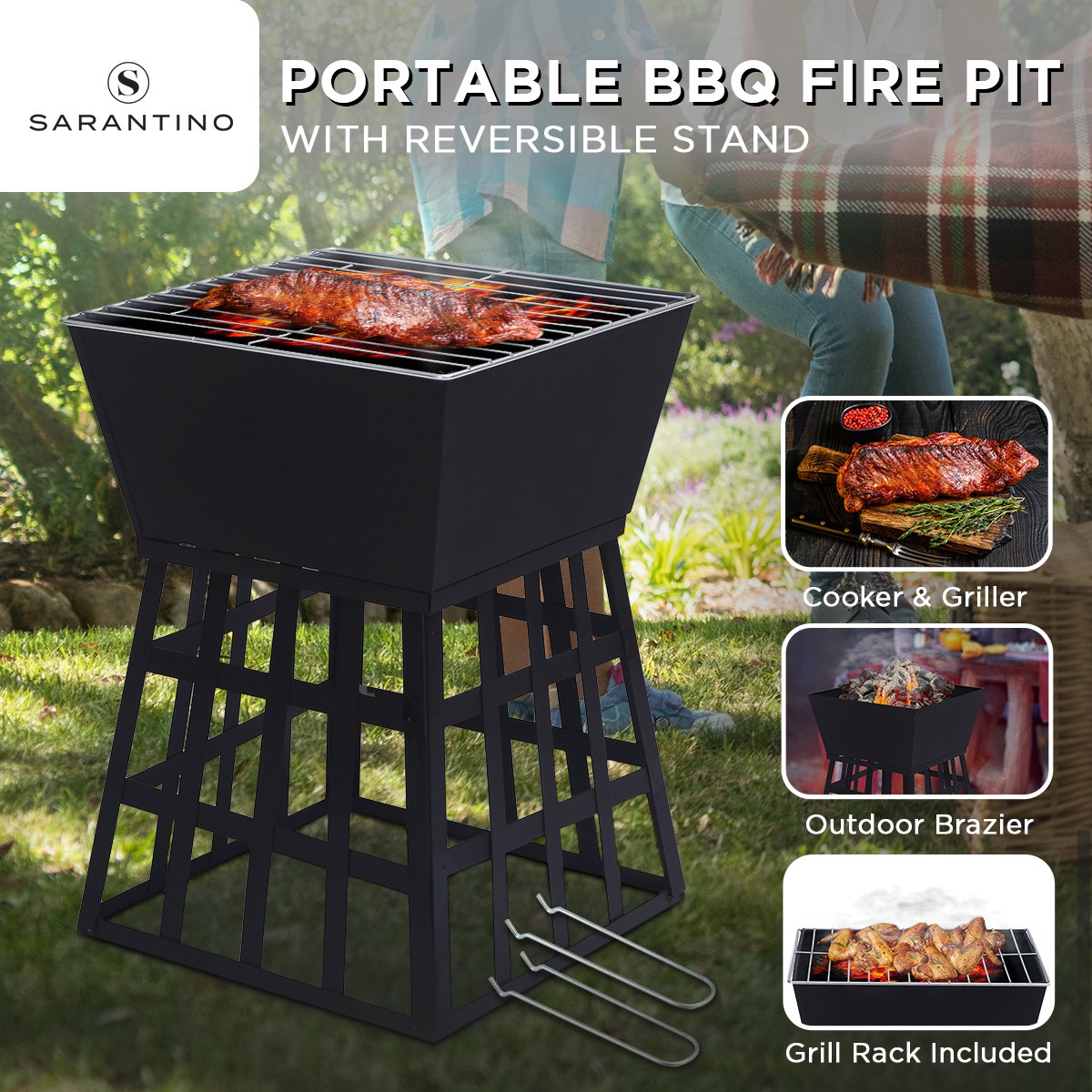 Fire Pit BBQ Grill Portable Square Cooking Camping Brazier Reversible Stand Backyard